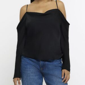 River Island Womens Black Long Sleeve Cold Shoulder Top