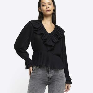 River Island Womens Black Plisse Frill Blouse