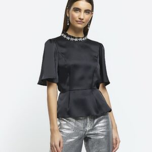 River Island Womens Black Satin Diamante Trim Blouse