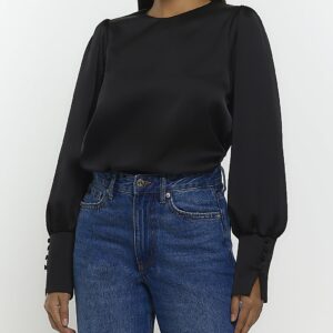 River Island Womens Black Satin Long Sleeve Blouse