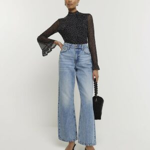 River Island Womens Black Spot Mesh Sleeve Blouse