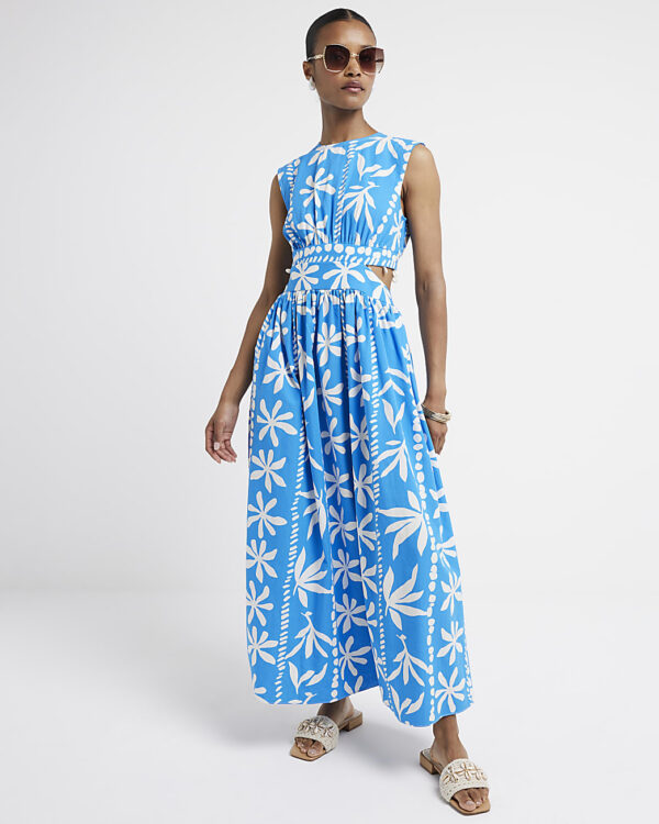 River Island Womens Blue Floral Cut Out Swing Maxi Dress