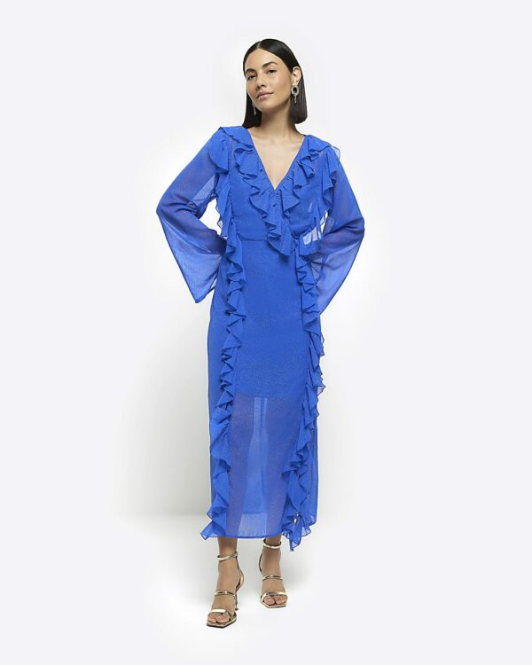 River Island Womens Blue Frill Wrap Swing Midi Dress