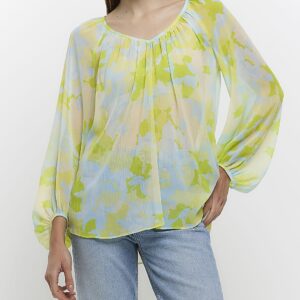 River Island Womens Green Chiffon Floral Puff Sleeve Blouse