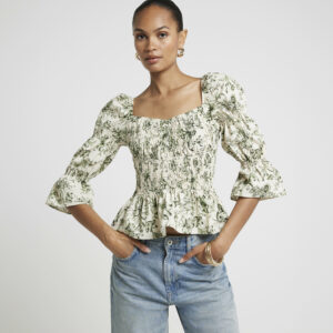 River Island Womens Green Floral Shirred Blouse