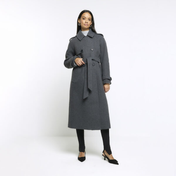 River Island Womens Grey Belted Longline Trench Coat