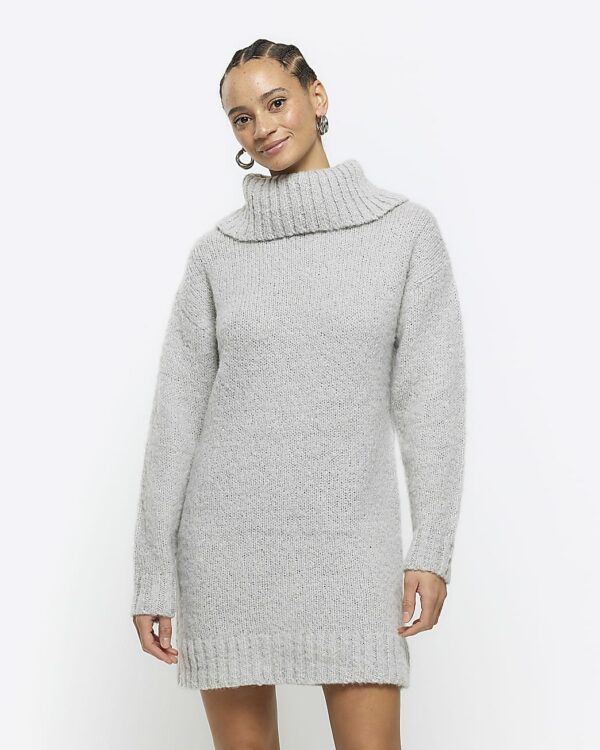 River Island Womens Grey Roll Neck Jumper Dress Mini