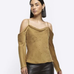 River Island Womens Khaki Diamante Cold Shoulder Top