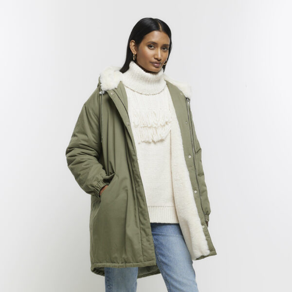 River Island Womens Khaki Faux Fur Lining Parka Coat