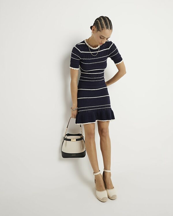 River Island Womens Navy Knit Stripe Peplum Skater Mini Dress