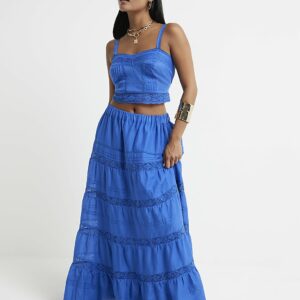 River Island Womens Petite Blue Tiered Maxi Skirt