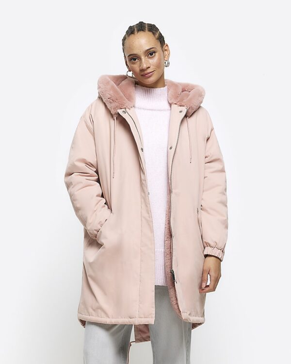 River Island Womens Pink Faux Fur Lining Parka Coat