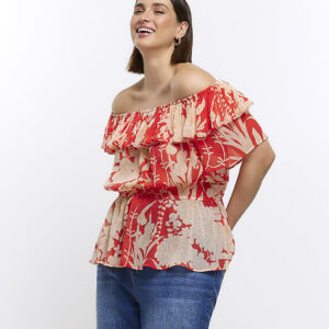 River Island Womens Plus Red Floral Bardot Blouse