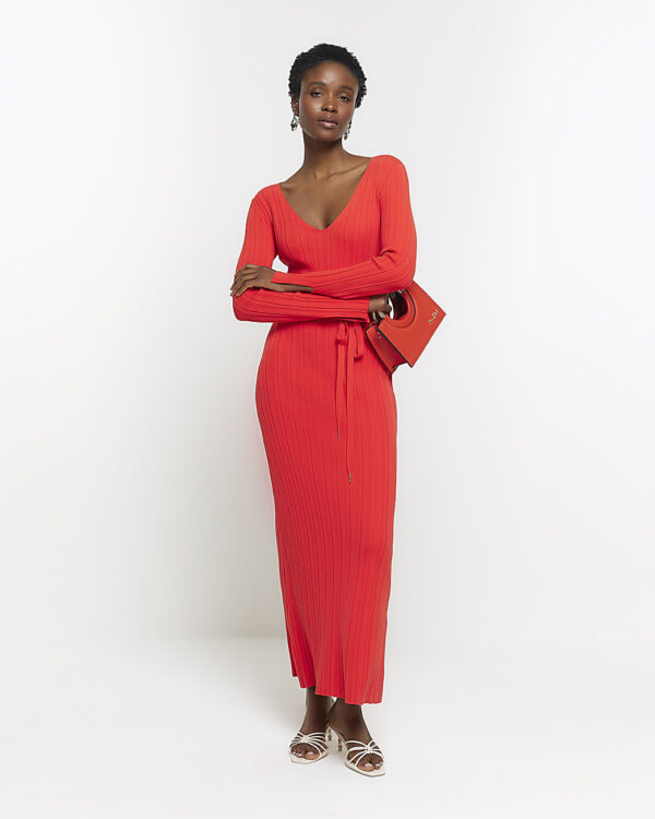 River Island Womens Red Knit Rib Jumper Maxi Dress