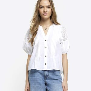 River Island Womens White Lace Panel Puff Sleeve Blouse