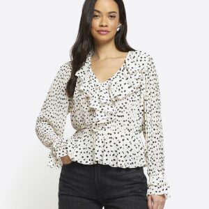 River Island Womens White Spot Frill Blouse