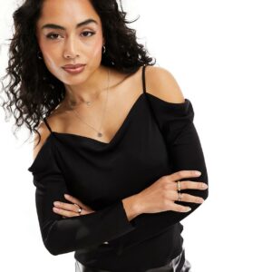 River Island cold shoulder satin top in black