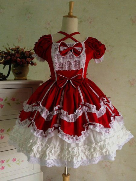 Rococo Lolita Dress JSK Lace Ruffles Bow Decor Pleated Cotton Lolita Jumper Skirt