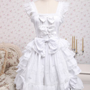 Rococo Lolita JSK Dress Lace Bow Ruffle White Cotton Lolita Jumper Skirt