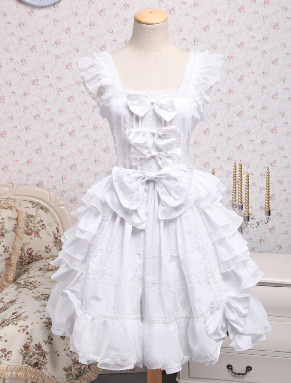 Rococo Lolita JSK Dress Lace Bow Ruffle White Cotton Lolita Jumper Skirt