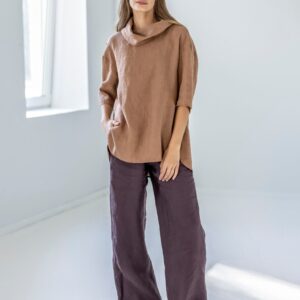 Roll Neck Linen Top, Drop-Shoulder Blouse, Top With Side Slits, Pleated Fashionable Blouse Éclair