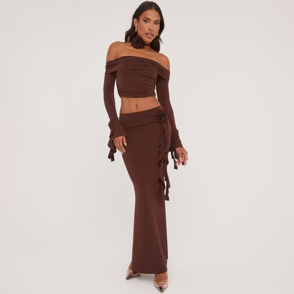 Rose Frill Detail Fold Over Bardot Crop Top And Mid Rise Maxi Skirt Co-Ord Set With Matching Choker In Brown Slinky, Women's Size UK Medium M