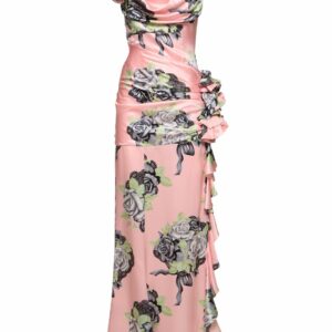 Rose Print Silk Satin Evening Dress