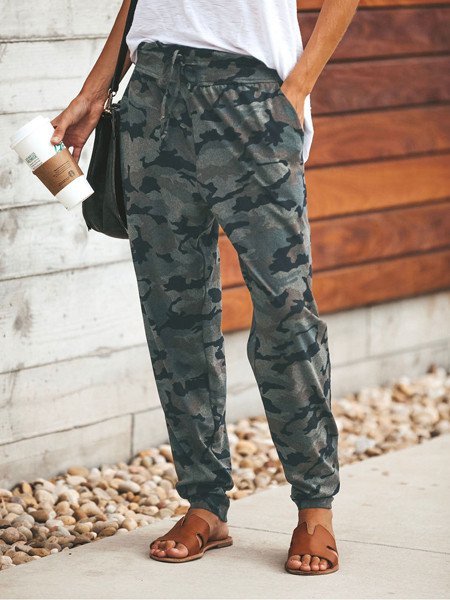 Roselinlin Women Camouflage Printed Sports Pants Polyester Camouflage Bottoms