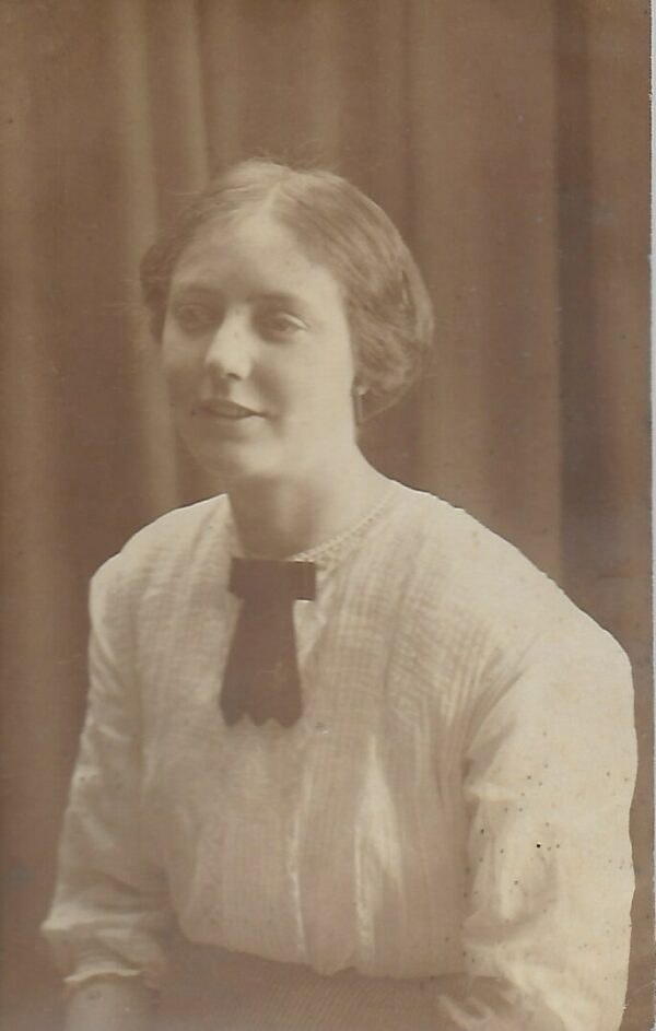 Rppc, Vintage Photo, Young Lady, White Blouse, Dark Tie, Curtains, Rose, Message