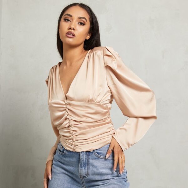 Ruched Button Waist Blouse In Beige Nude UK Extra Small XS, Nude