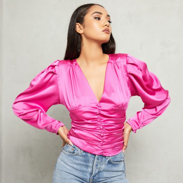 Ruched Button Waist Blouse In Fuchsia Pink UK Extra Small XS, Pink