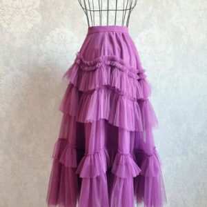 Ruffled Fairy Tulle Skirt, Full Flowy Long Skirt, Women A-Line Elastic High Waist Skirt, Pleated Splicing Tulle Midi Skirt, Custom Skirt