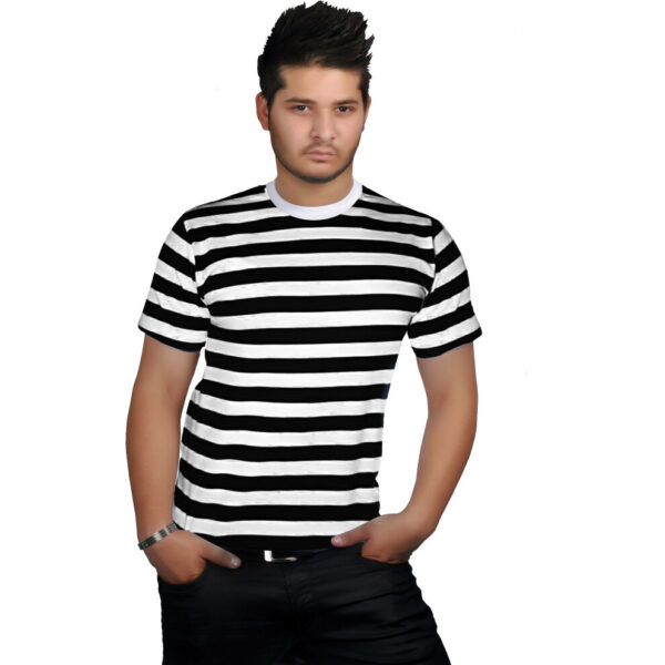 (S) Men Women Black White Stripe T-Shirt Robber Fancy Dress Top