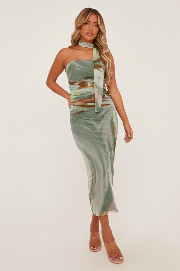 Sage Abstract Print Bandeau Crop Top & Midi Skirt Co-ord Set - Savannah - Size M/L