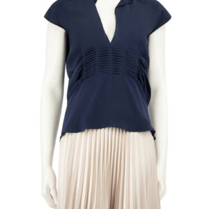 Saint Laurent Navy Silk Pleated Detail Blouse