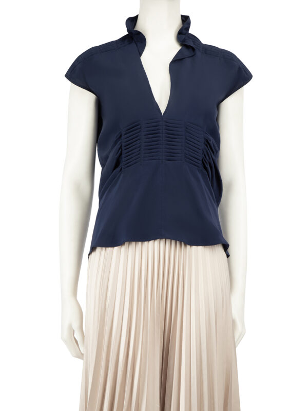 Saint Laurent Navy Silk Pleated Detail Blouse