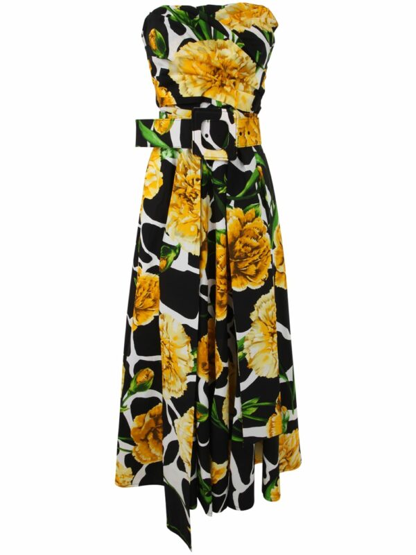 Samantha Sung Carole Tube Neck Straple Sleeves Midi Dress With Carnation Giraffe Printing