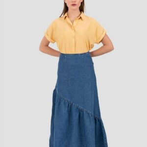 Sara Asymmetric Layers Indigo Tiered Denim Maxi A-Line Boho Skirt High Waist Lightweight Cotton Long Full Length For Modest Women