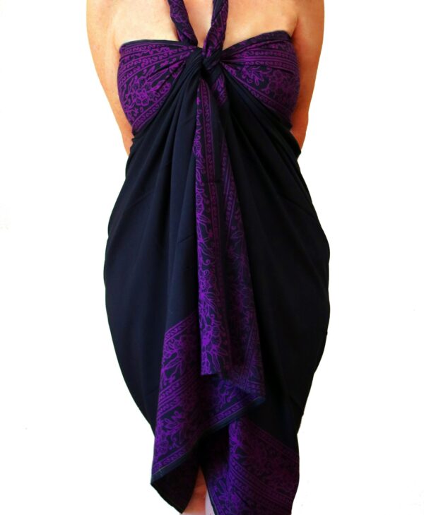 Sarong Beach Wrap - Batik Pareo Black & Purple Womens Clothing Skirt Or Dress Swim Cover Up