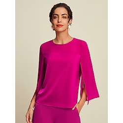 Satin Solid Color Split Crew Neck Blouse