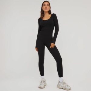 Scoop Neck Long Sleeve Cinch Waist Detail Seamless Jumpsuit In Black, Women's Size UK Large/Extra Large L/XL