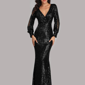 Sequin Party Dresses V-Neck Long Sleeve Birthday Prom Maxi Dress