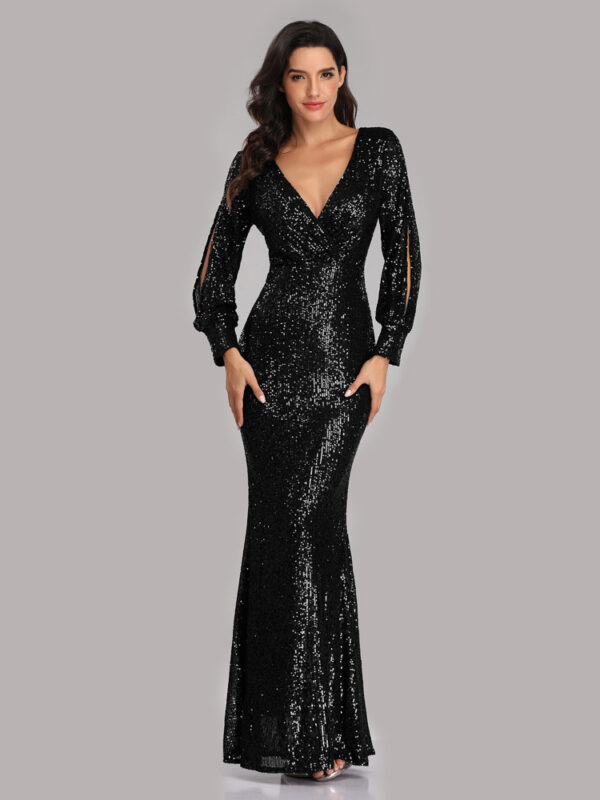 Sequin Party Dresses V-Neck Long Sleeve Birthday Prom Maxi Dress