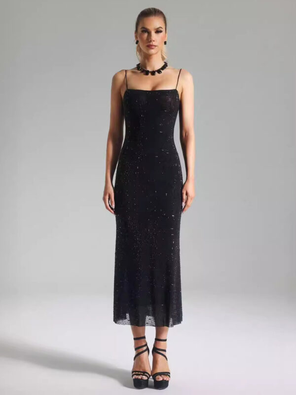 Sequins Party Dress Spaghetti Strap Backless Sexy Bodycon Midi Dresses