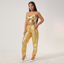 Set with Shiny Metallic Camisole Cargo Pants 2 PCS 1980s Hip Pop Outfits Abba Costume Women's Cosplay Costume Carnival Club Party