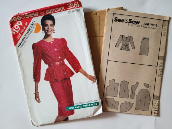 Sewing Patterns Women Skirt & Top Peplum, Butterick See & Sew 3861 Misses Size 12 14 16, Uncut Printed 1989