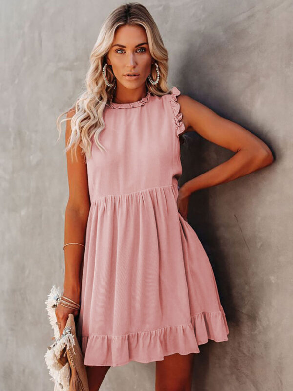 Shift Dresses Jewel Neck Sleeveless Casual Ruffles Oversized Pastel Pink Tunic Dress