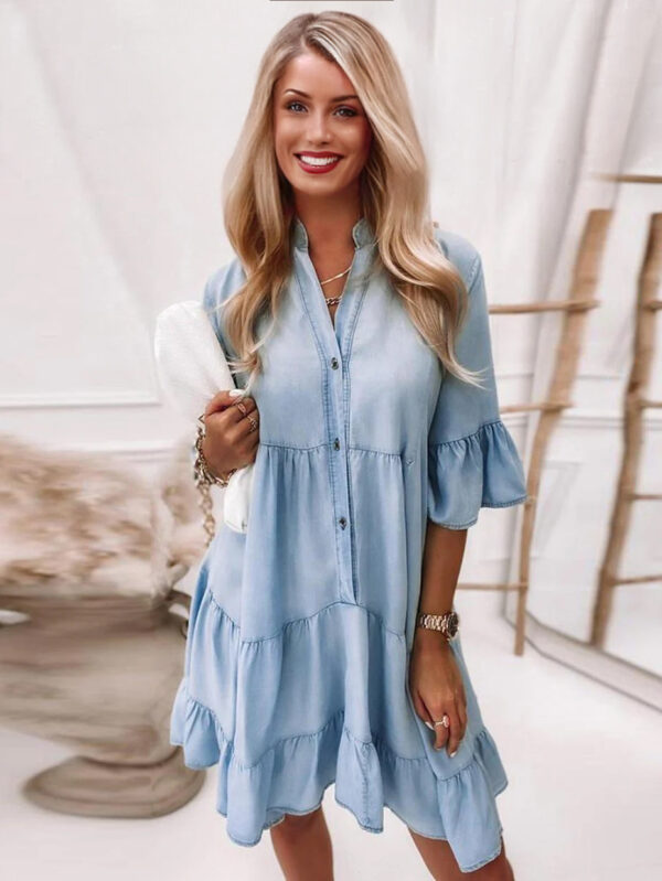 Shift Dresses Light Sky Blue Turndown Collar Denim Layered Woman Tube Dress