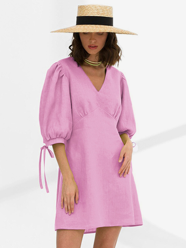 Shift Dresses Long Sleeves Chic Drawstring V-Neck Oversized Pink Tunic Dress