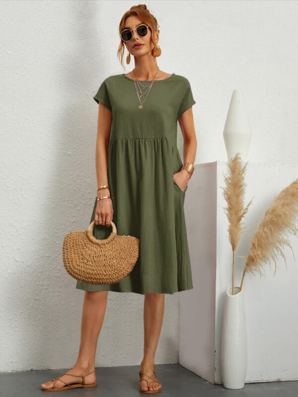 Shift Dresses Short Sleeves Casual Jewel Neck Hunter Green Tunic Dress